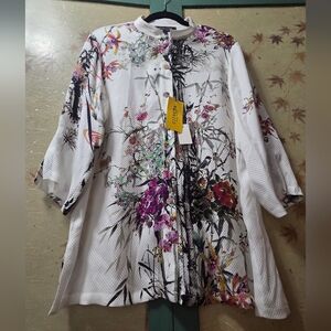 NWT Citron Artsy Floral Fukure Silk Mandarin Collared Button-Down Blouse Sz L